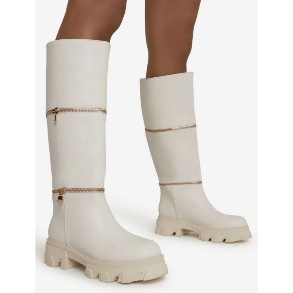 NEW - Ego Cream Zip Faux Leather Platform Moto Boots